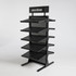 A black hat rack with multiple shelves and a branding logo at the top.
