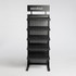 A black hat rack with five shelves and a branded sign at the top. It features a perforated design.