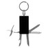 A multi-tool keyring featuring a black rectangular body with silver tools extending from it, including scissors and a knife.