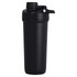 A drink bottle in matte black finish with a secure lid and a logo. It has a double wall design and holds 750ml.
