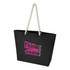 A black recycled tote bag with a rope handle and a logo featuring pink text.