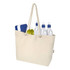 A beige tote bag with a rope handle, featuring two water bottles, a notebook, and a pear inside.