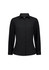 A black long sleeve women's shirt with a button-up front and a fitted design, featuring a logo.