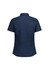 A navy blue women's short sleeve shirt featuring a collared neckline and rear detailing. It has a logo on the fabric.