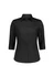 A black women's shirt featuring a 3/4 sleeve design and a button-up front, with a branding logo.
