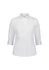 A white women's 3/4 sleeve shirt with a collar and button front, featuring a logo on the chest.