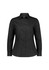 A black long sleeve women's shirt with a button-up front and collar, featuring a fitted design and a logo.