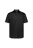 A short-sleeve men's shirt in black with a classic fit and button-up design, featuring a logo.