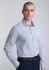 A slim fit long sleeve shirt in a light blue check pattern, worn by a model with a shaved head.