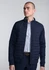 A navy blue men's jacket with a quilted front silhouette, paired with a collared shirt underneath.