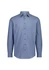 A long sleeve shirt featuring a blue and white stripe pattern with a chest pocket and a collar. It has a logo.