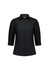 A black 3/4 sleeve women's shirt with a button-up front and tailored fit. It features a collar and has a logo.