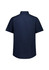 A navy short sleeve shirt with a classic fit, featuring a collar and a logo on the back.