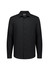 A black long sleeve shirt with a collar and button-up front, featuring a logo on the label.