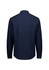 A navy blue long sleeve shirt with a collar and buttoned cuffs, featuring a branding logo.
