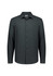 A men's long sleeve shirt in dark grey with a button-up front and collar, featuring a logo on the label.