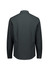A dark grey long sleeve shirt with a collared neck and buttoned cuffs, featuring a logo on the back.