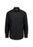 A black slim fit long sleeve shirt with a button-down front and a collar. It features a logo on the chest.