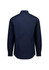 A navy blue men's slim fit long sleeve shirt with a collared neck and buttoned cuffs, featuring branding on the back.
