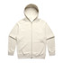A cream-coloured zip-up hoodie with a hood and front pockets, featuring a logo.
