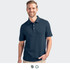 A navy blue men's polo shirt features a collar, short sleeves, and has a logo on the chest.