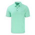 A mint green men's polo shirt with a classic collar and three buttons, featuring a logo.