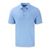 A blue men's polo shirt with a collared neckline and three buttons, featuring a subtle texture and branding.