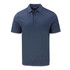 A navy blue polo shirt with a three-button placket and short sleeves. It features a logo on the chest.