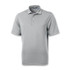 A light grey short-sleeved men's polo shirt with a collar and three buttons, featuring a logo.