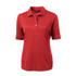 A red women's polo shirt with a collar, short sleeves, and three buttons, featuring a logo.