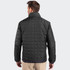 A men's jacket in black with a quilted design, featuring a high collar and branding on the back.
