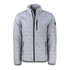 A grey quilted men's jacket featuring a zip front closure and multiple pockets. It has a logo on the sleeve.