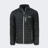 A black quilted men's jacket with a zip closure and side pockets, featuring a logo on the chest.