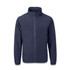 A navy full zip jacket with a high collar and long sleeves, featuring a logo on the front.