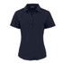 A navy blue women's polo shirt featuring a collared neck and button placket, with a logo present.