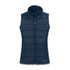 A navy blue women's hybrid vest with a zip front and a stylish sleeveless design. It features a brand logo.