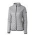 A light grey women's jacket with a quilted design, featuring a zip front and side pockets. It has a logo on the sleeve.