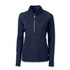 A navy women's half-zip top featuring long sleeves and a zippered collar, with a logo present.