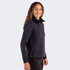A women's half zip jacket in navy, featuring a high collar and long sleeves, worn by a smiling model.