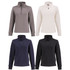 A half zip jacket in grey, white, navy, and black, featuring a zippered collar and a logo.