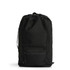 A black recycled rucksack with a drawstring closure and a front zip pocket. It features a logo.
