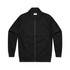 A black bomber jacket with a zip front and ribbed collar and cuffs, featuring a logo on the back.