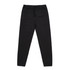 Black track pants featuring an elastic waist and drawstring, with a logo on the front.