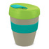 A drink bottle in green and light grey with a matching lid and an accent band around the middle. It features a logo.