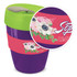 A drink bottle with a purple body, green lid, and floral design on the band. It features a logo.