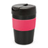 A drink bottle featuring a black body with a pink silicone grip and a black lid. It has a logo on the side.