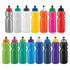 A drink bottle collection featuring various colours including silver, white, yellow, pink, blue, green, and black. Each has a logo.
