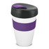A drink bottle featuring a white body, purple grip, and black lid, designed for convenient use.