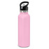 A drink bottle in a pastel pink powder-coated finish, featuring a black handle and a stainless steel lid.