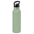 A drink bottle features a powder-coated finish in a soft green color, complemented by a black lid and handle.